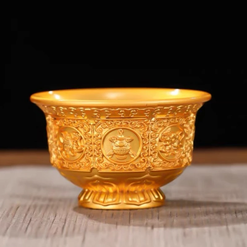 Bronze Buddhist Bowl, Alloy, Tantric Holy Cup, Engraved Eight Auspicious Altar Bowl, Tribute Desktop Home Decorative,1Pcs,9 cm