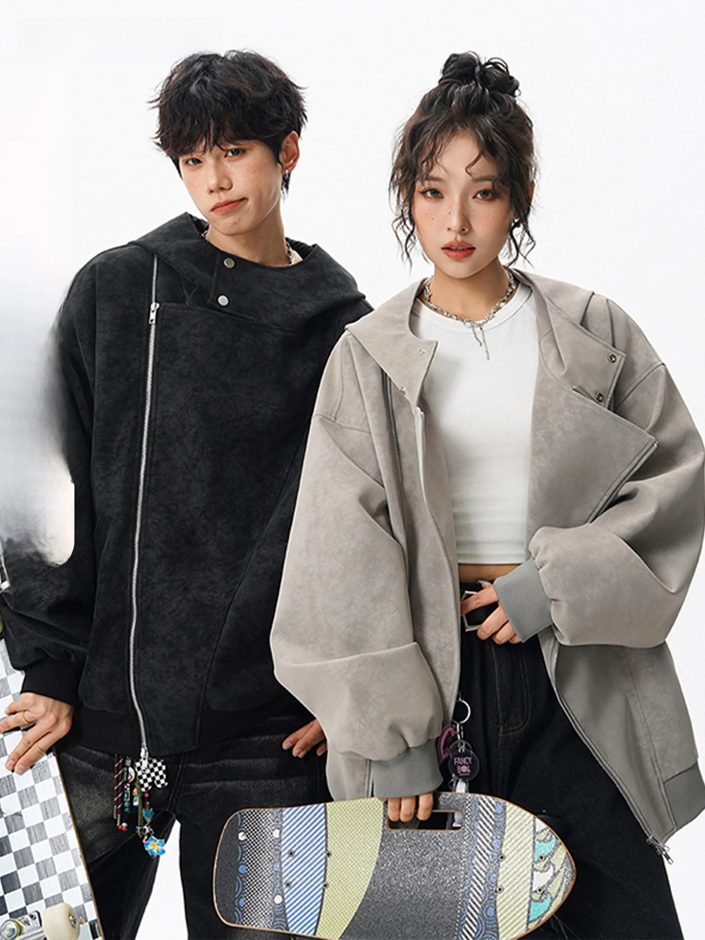 

Куртка из искусственной кожи VIIOW American Design Sense Zip Dye, модная брендовая куртка с капюшоном для пар, универсальная модель.