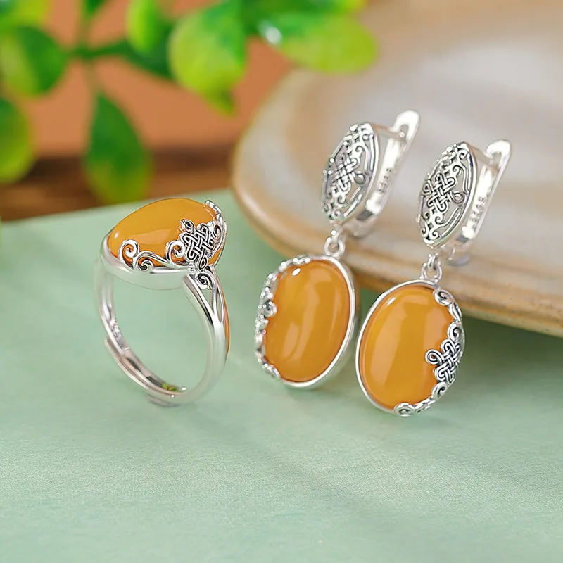 S925 Sterling Silver Amber Lucky Knot Noodle Earrings And Ring Two-Piece Set