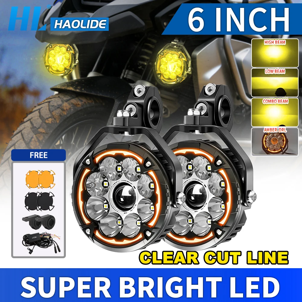 

HAOLIDE 6" Led Work Light White Driving Light Amber DRL Hi/Lo Beam Flashing Light Clear Cut Line Super Bright for Car Motobike
