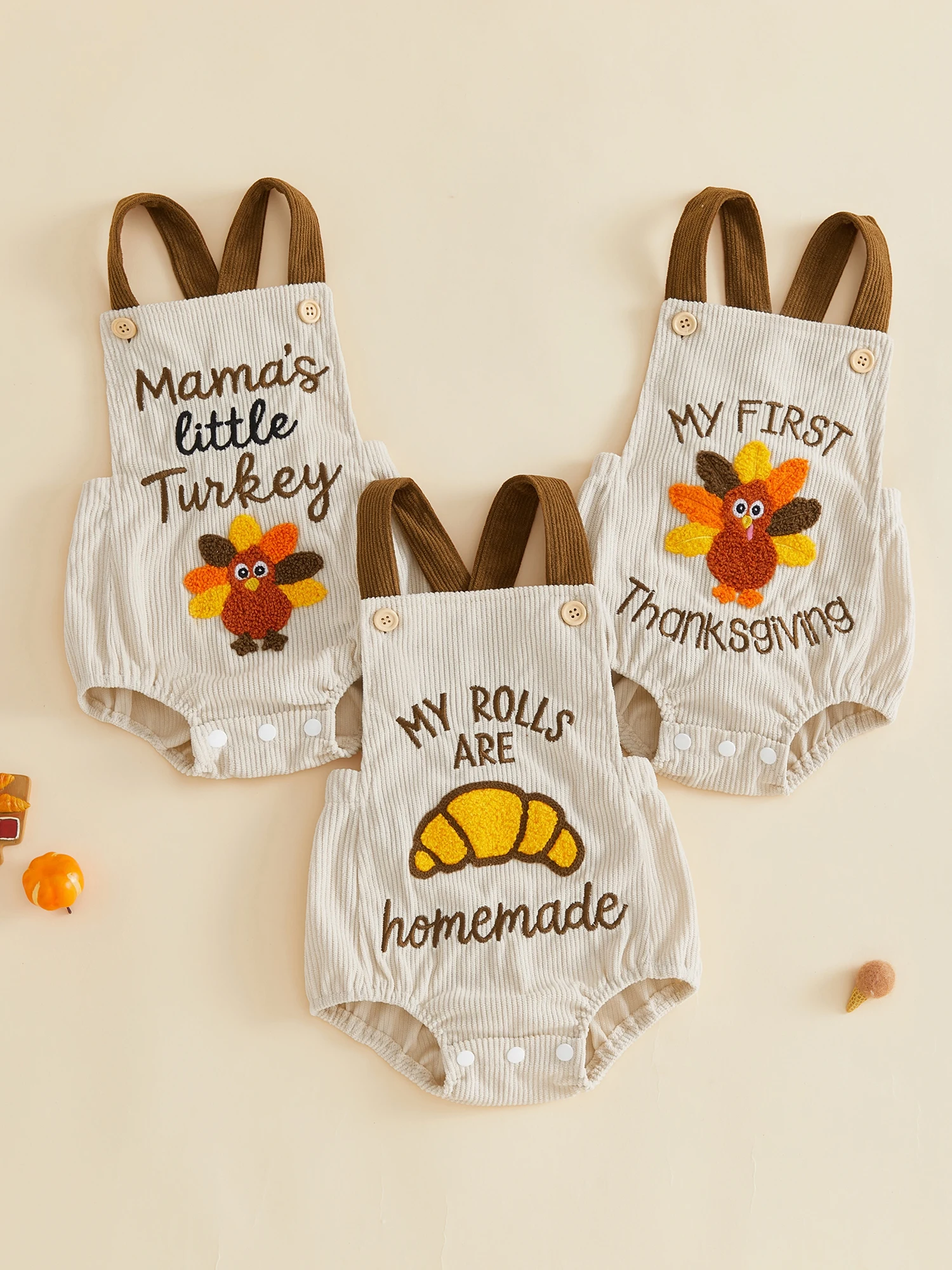 Infant Baby Thanksgiving Romper Adorable Letter Turkey-Embroidery Letter Square-Neck Baby Romper Adorable Embroidery-Sleeveless