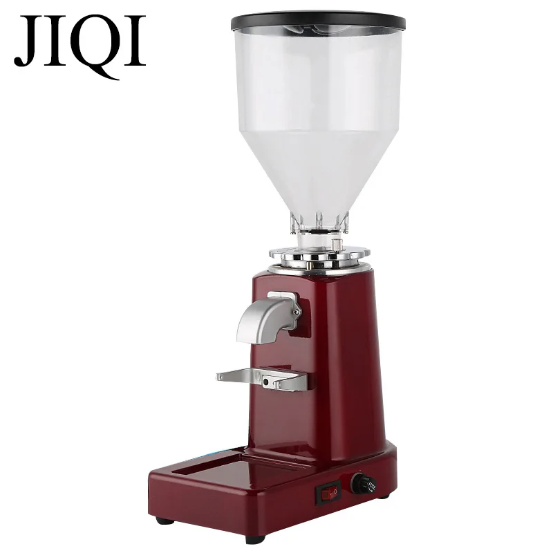 JIQI Electric Coffee Bean Grinder Thickness Adjustable 500g Capacity stianless steel Sieve Filter Plastic Powder Tank 110V/220V