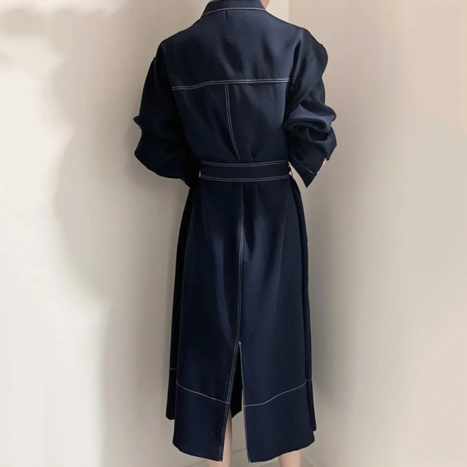 Neues Frühlings-Herbst-Einreihiges Damen-Hemdkleid mit Stehkragen, koreanischer Casual-Stil, gerade geschnitten, elegantes langes Kleid für Damen. – Detail 5