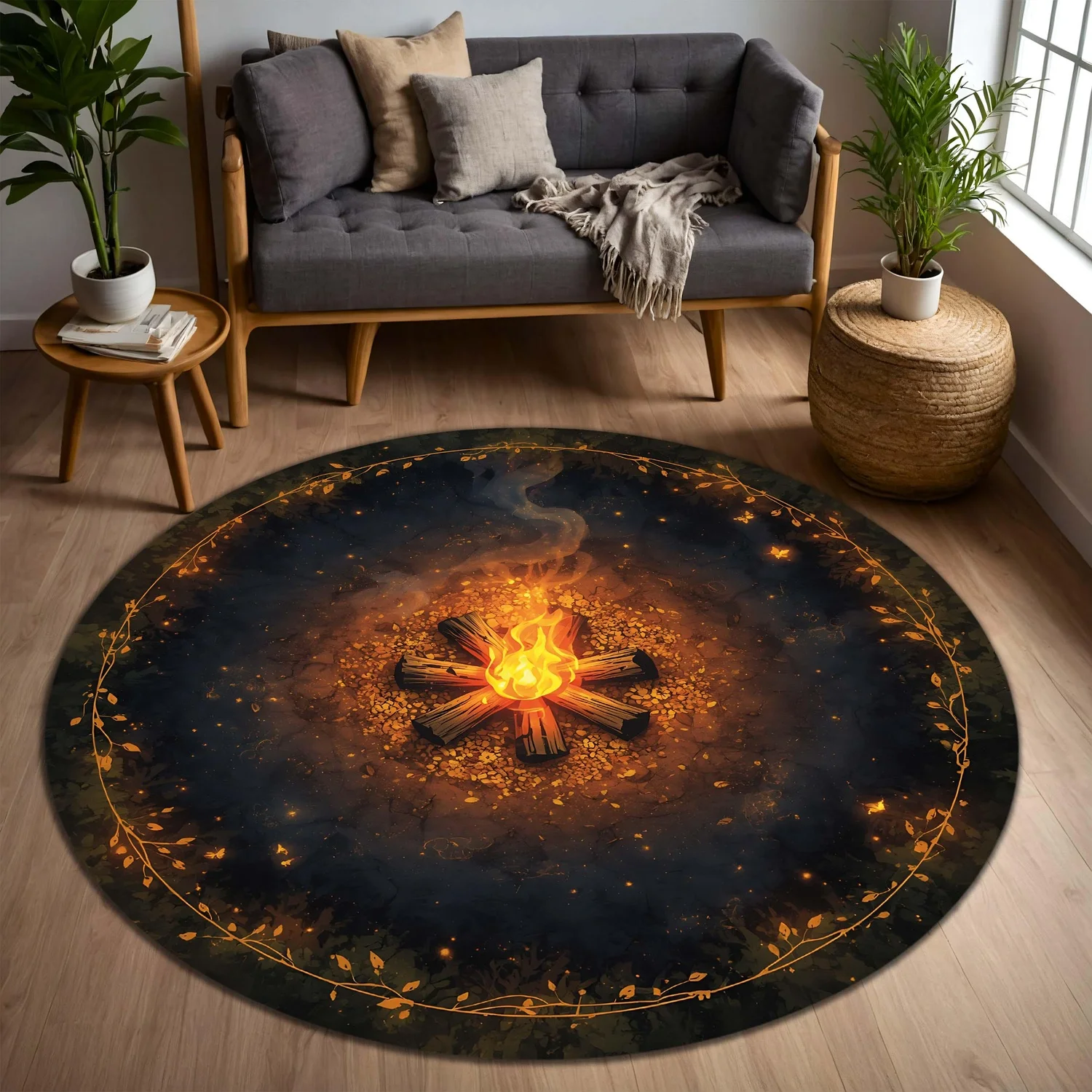 Campfire Round Rug, Cozy Campfire Night Round Rug, Dreamy Forest Fireplace Decoration, Pastoral Cottage Atmosphere, Washable 30-Degree Celsius Round Rug