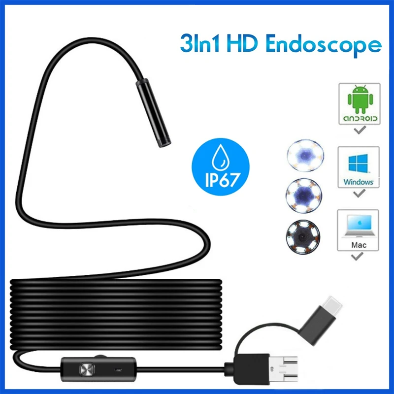 5.5/8mm HD Sewer Industrial Endoscope Waterproof Piping Endoscopy Type C Mini Camera 3 in 1 Automotive Borescope for Android