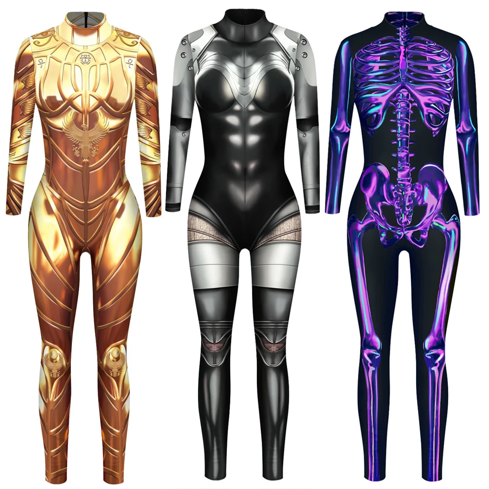 Halloween Skeleton 3D Digital Printing Carnival Women Sexy Bodysuit Cosplay Costume Bodysuit Long Sleeve Elastic Jumpsuit Fancy