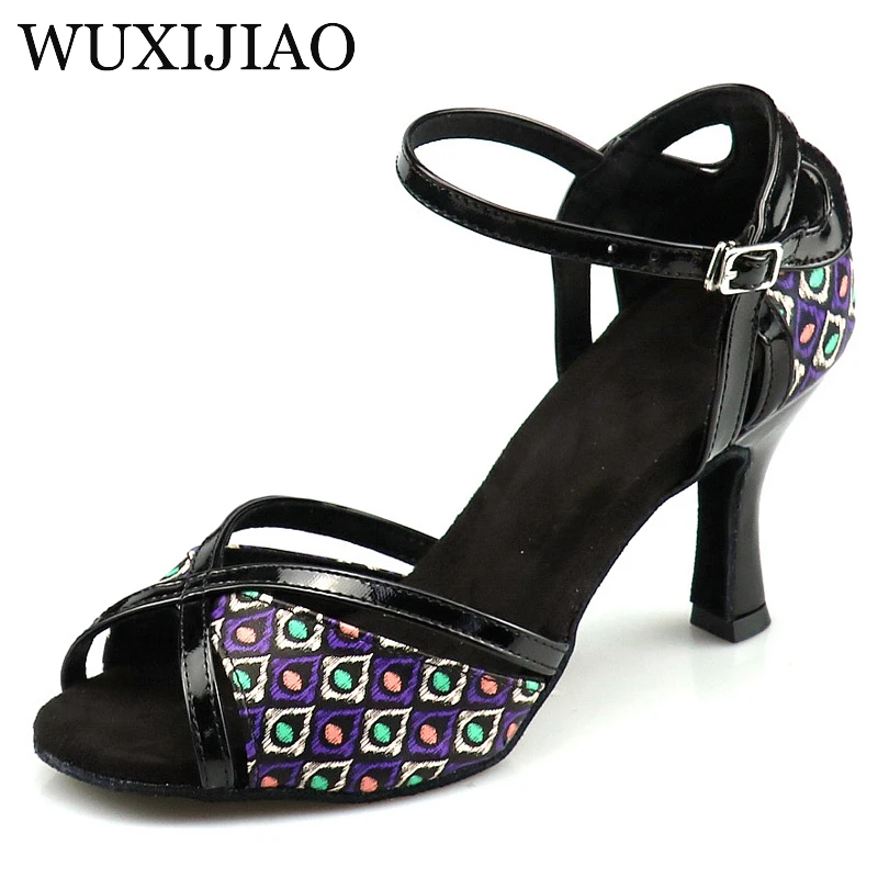 WUXIJIAO Sexy Thin Black Women\'s Shoes Painted PU High Heels Latin Dance Shoes Ballroom Dance Shoes 7.5C