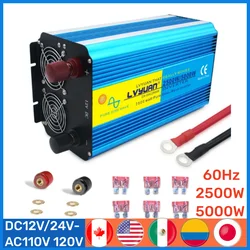 2500W/5000W Pure Sine Wave Inverter DC 12V/24V TO AC 110V 100V 50Hz/60Hz LED voltage display converter Remote Control US Socket