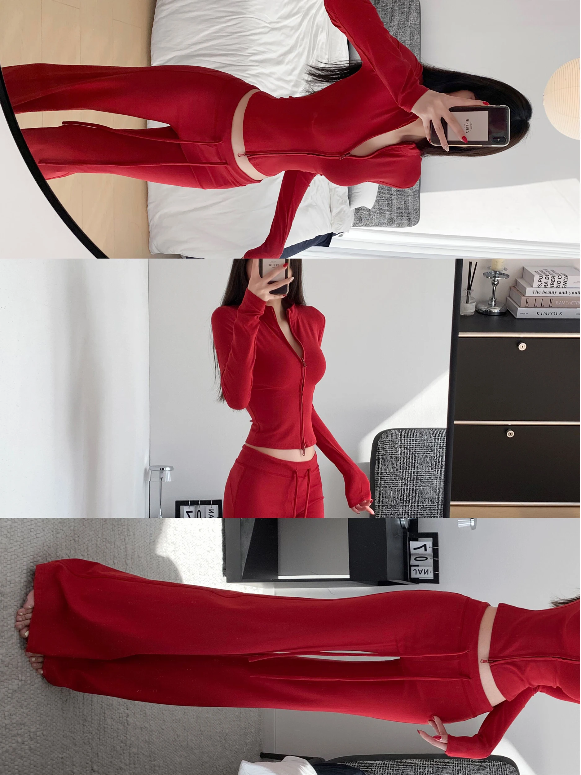 

Комплект для похудения Zhang Zi: Американские расклешенные брюки с низкой талией и топ, повседневный спортивный костюм из двух предметов для женщин, облегающий крой