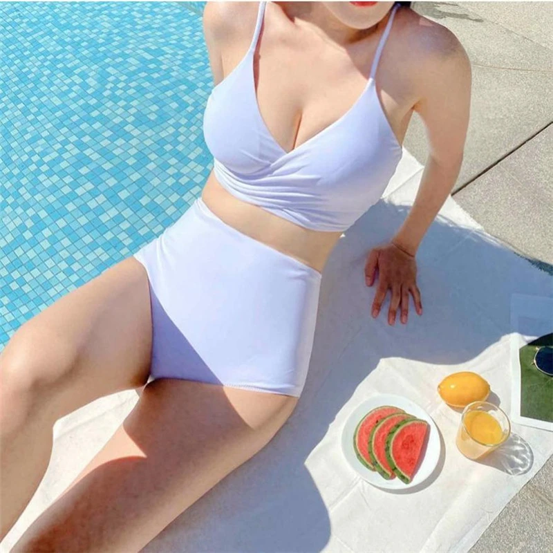 Sexy Beach Women Tankini Bikinis Deep V Neck Cross Tie High Waist Solid Female Swimsuit Sets Summer Trend 2024 Swimwear Vacation