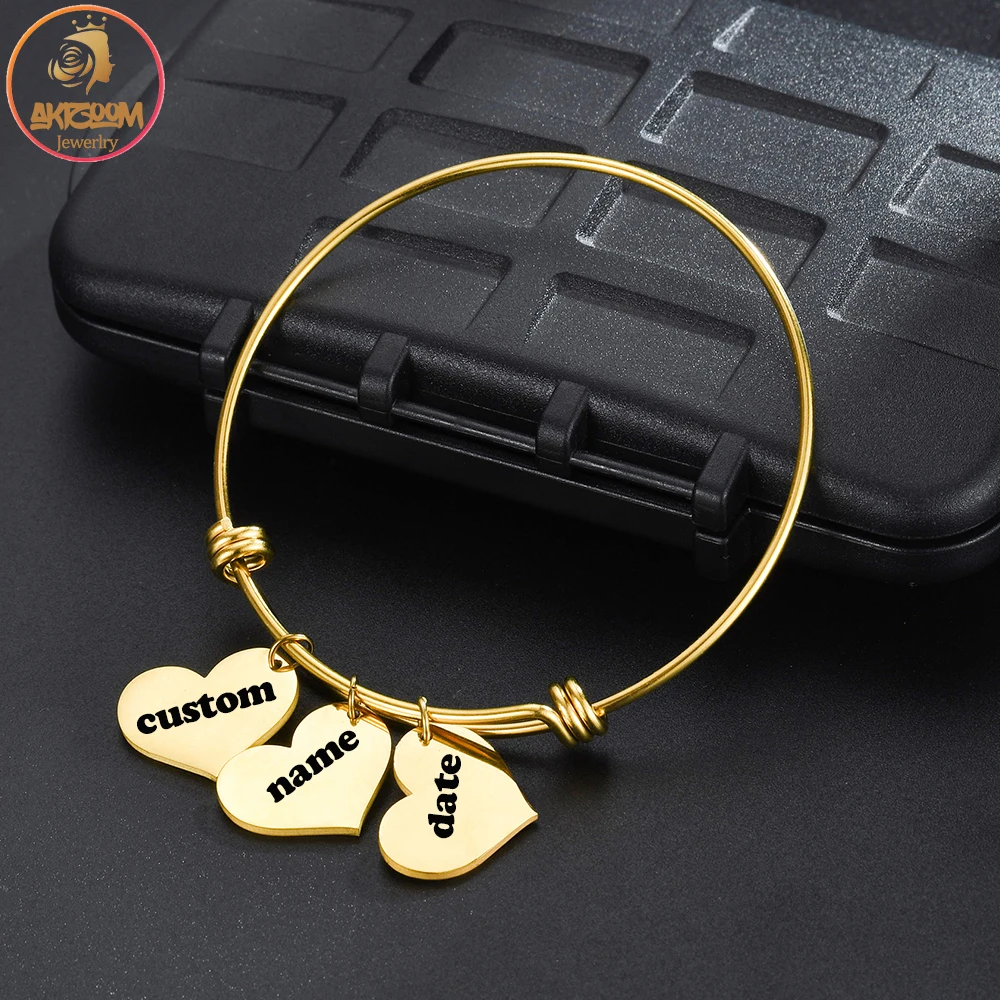 

Akizoom Engrave Name Bracelets Stainless Steel Bracelet Personalized Bangles Heart Charms for Women Jewelry Birthday Gift