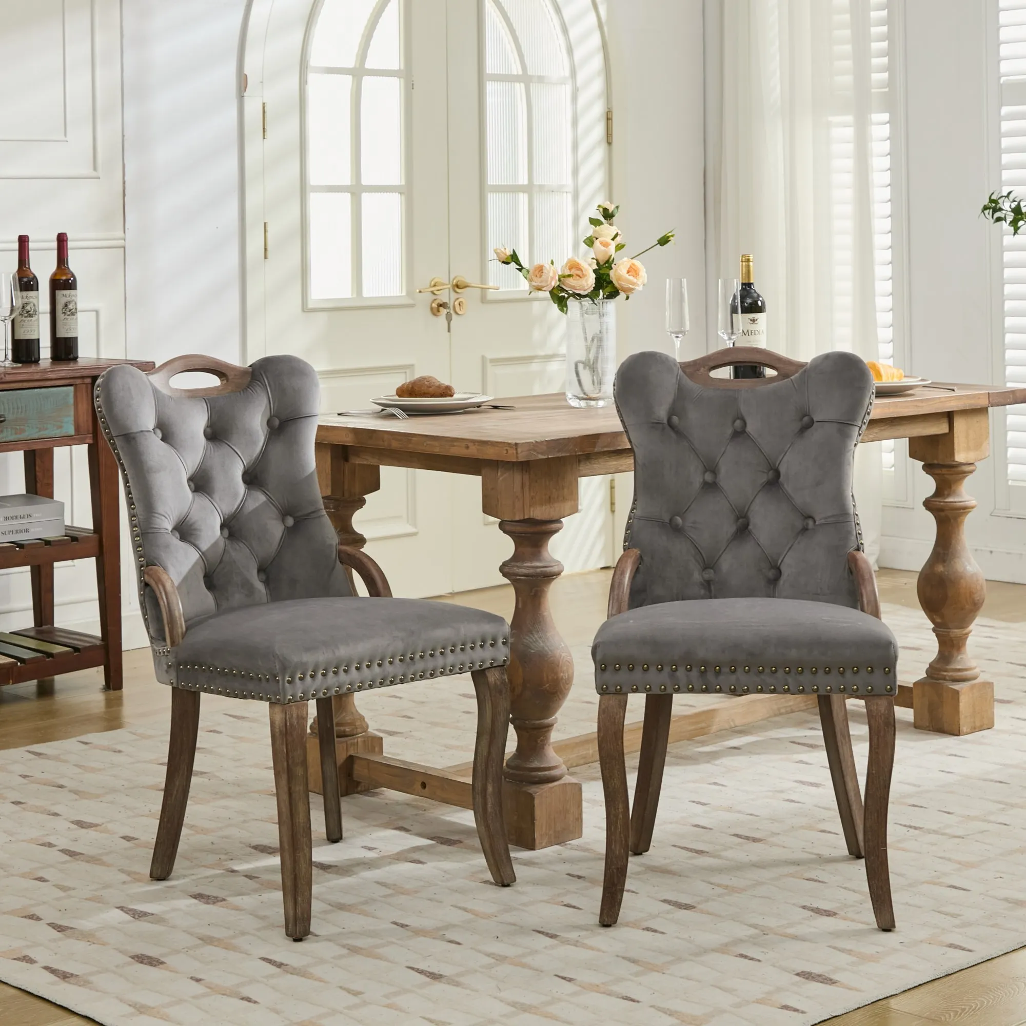 Velvet Dining Chair Set of 2, Solid Wood Handles on Top and Sides, Vintage Copper Nail Decoration, Curved Solid Wood Legs