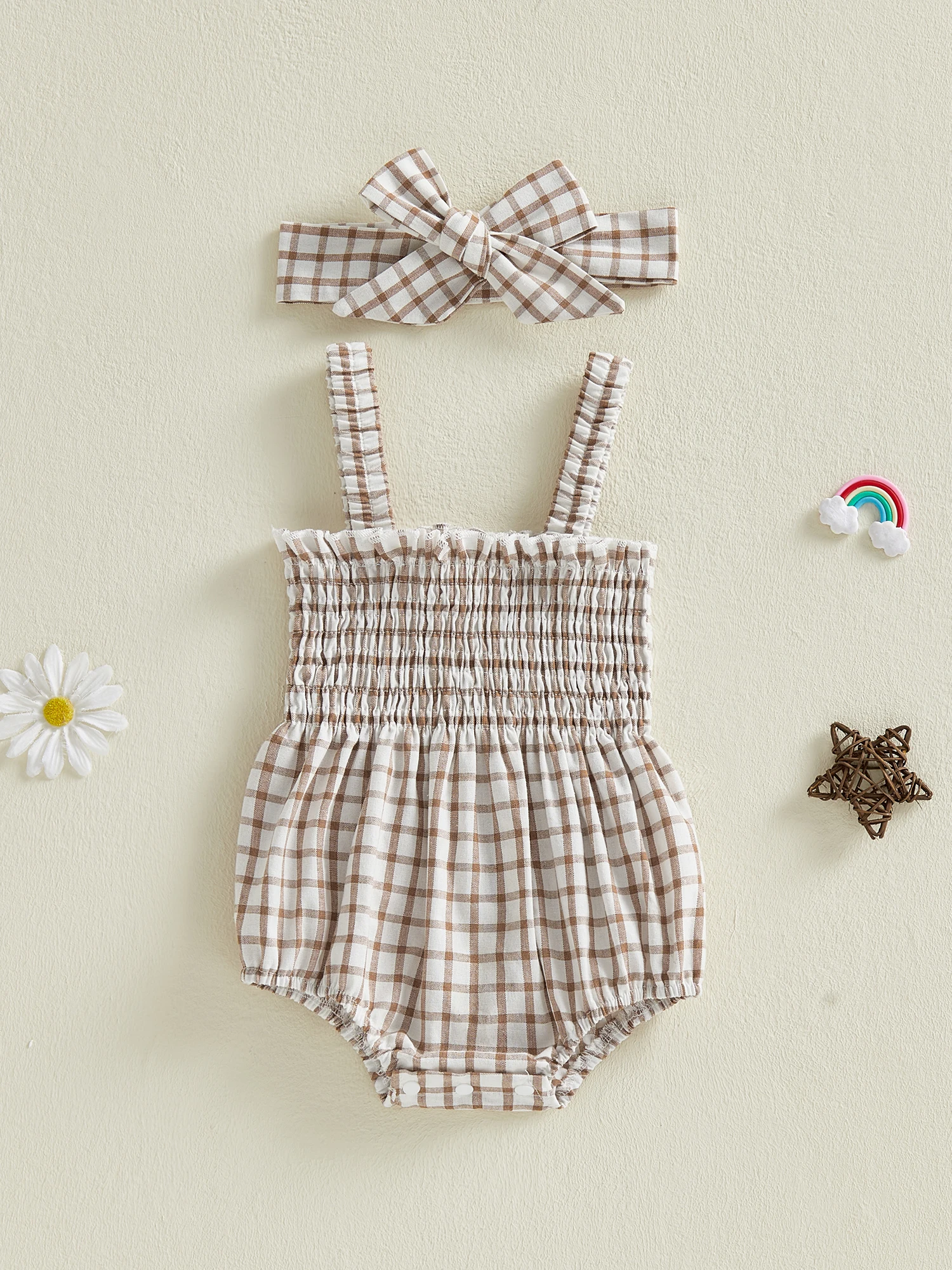 طقم ملابس للفتيات الصغيرات مكون من قطعتين مريح بدون أكمام ورقبة مربعة منقوشة وعصابة رأس #4