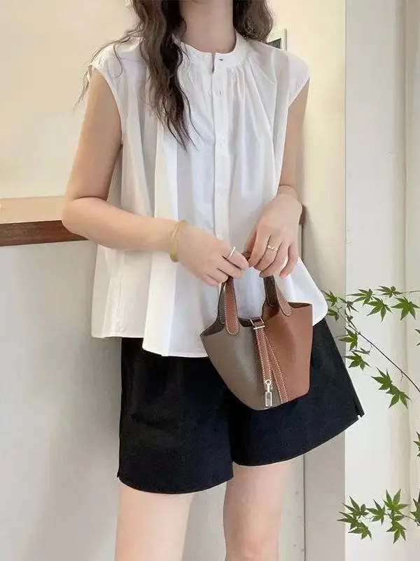 

Korean Sle Simple Folded Hem irt Women's Summer Sweet Match All irt Top Loose Fit ort Sve Pure Color Button Detail