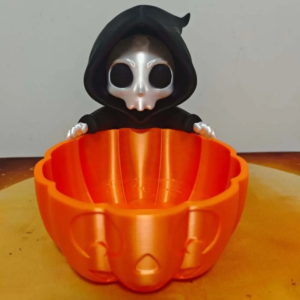 Orange Grim Reaper Candy Bowl Lightweight Rigid 3D Printed Pumpkin Dish Odourless Flat-Bottom PLA Desktop Organizer