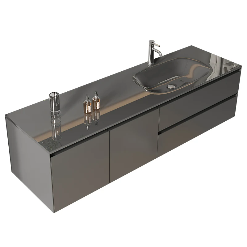 

Modern gray integrated basin with thin edge and minimalist glass washbasin. Hanging washbasin and washbasin