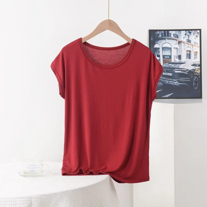 Camiseta modal larga com decote em O feminino, cor sólida, camiseta simples, fundo, combina com tudo, tamanho grande, XL para 8XL, verão