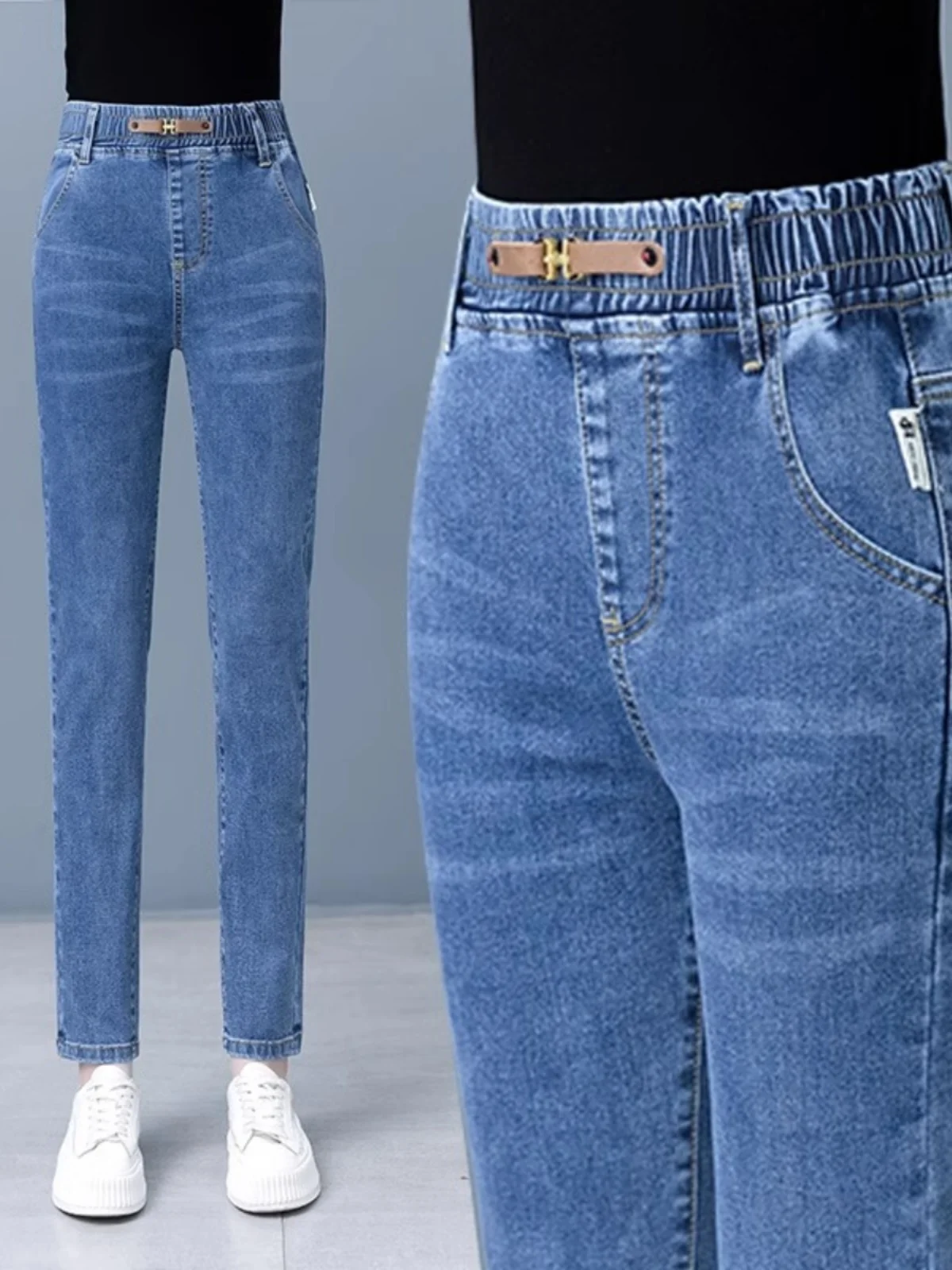 

Джинсы с высокой талией и эластичной резинкой на талии, женские новые утягивающие эластичные брюки-карандаш длиной до щиколотки, синие