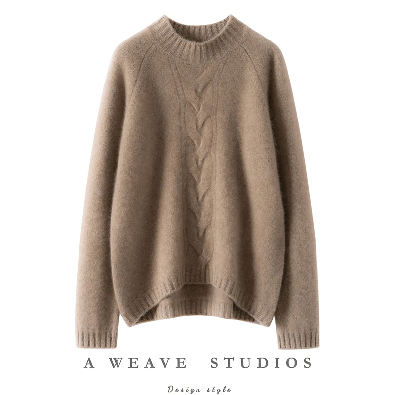 

Women Cashmere Sweater Irregular Mock Neck Twist Flower Pullover Autumn Winter Loose Thick Raglan Sleeve 100% Cashmere Knitwear