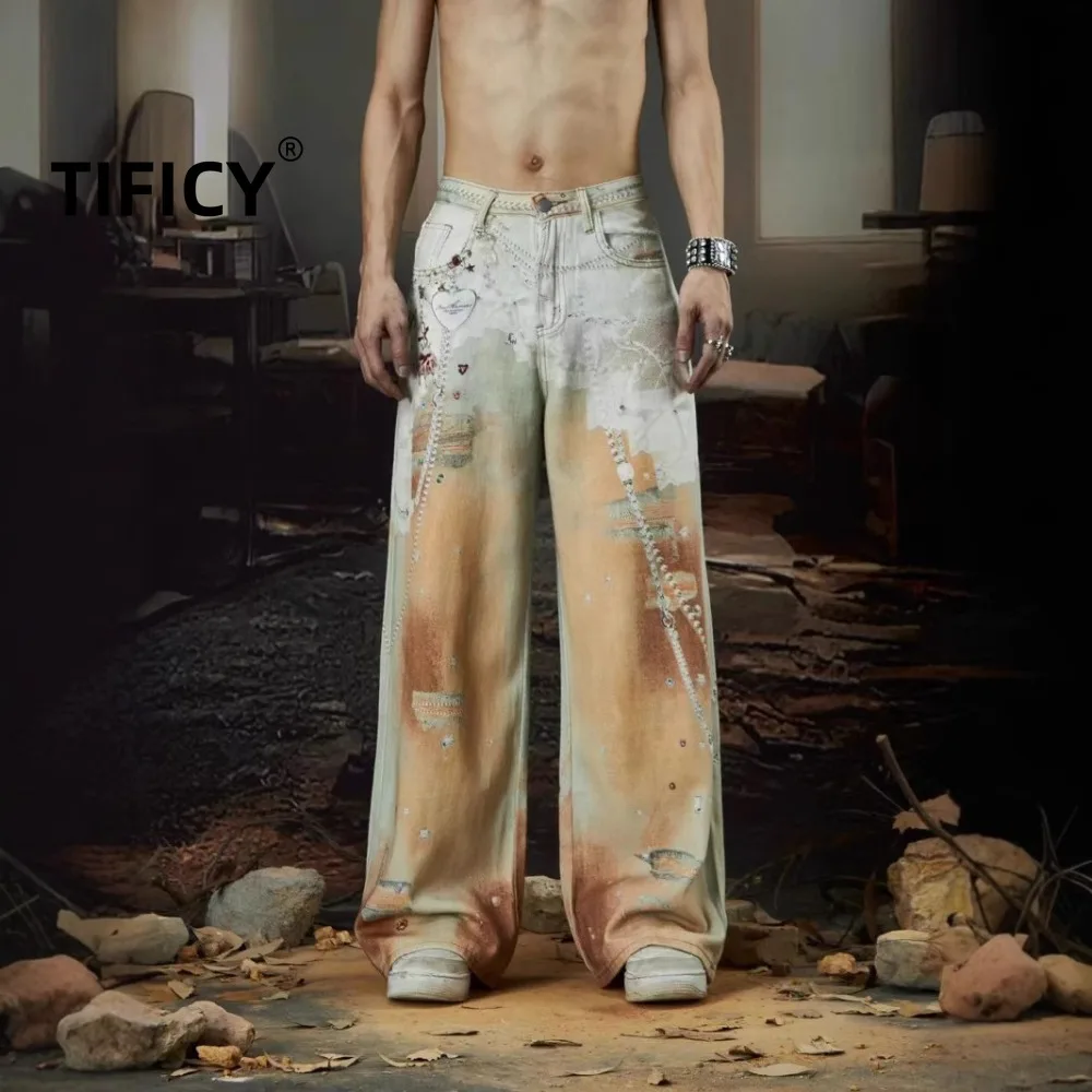 

Heavy Industry Chain Printed Jeans Pants Mens Summer American Design Straight Tube Floor Pants and Women's pant