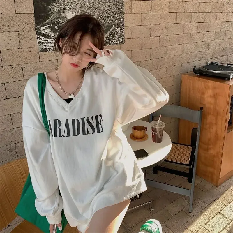 

Sweatshirts Women V-neck Chic Letter Printed All-match Loose Fit Casual Streetwear Popular Youth Korean Fashion Ins Lazy Style