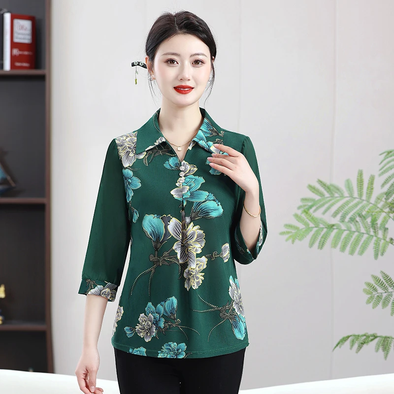 Women's Polo Neck Loose Spliced 3/4 Sleeve Summer Fashion Blouses Korean Commute Printing Shirt