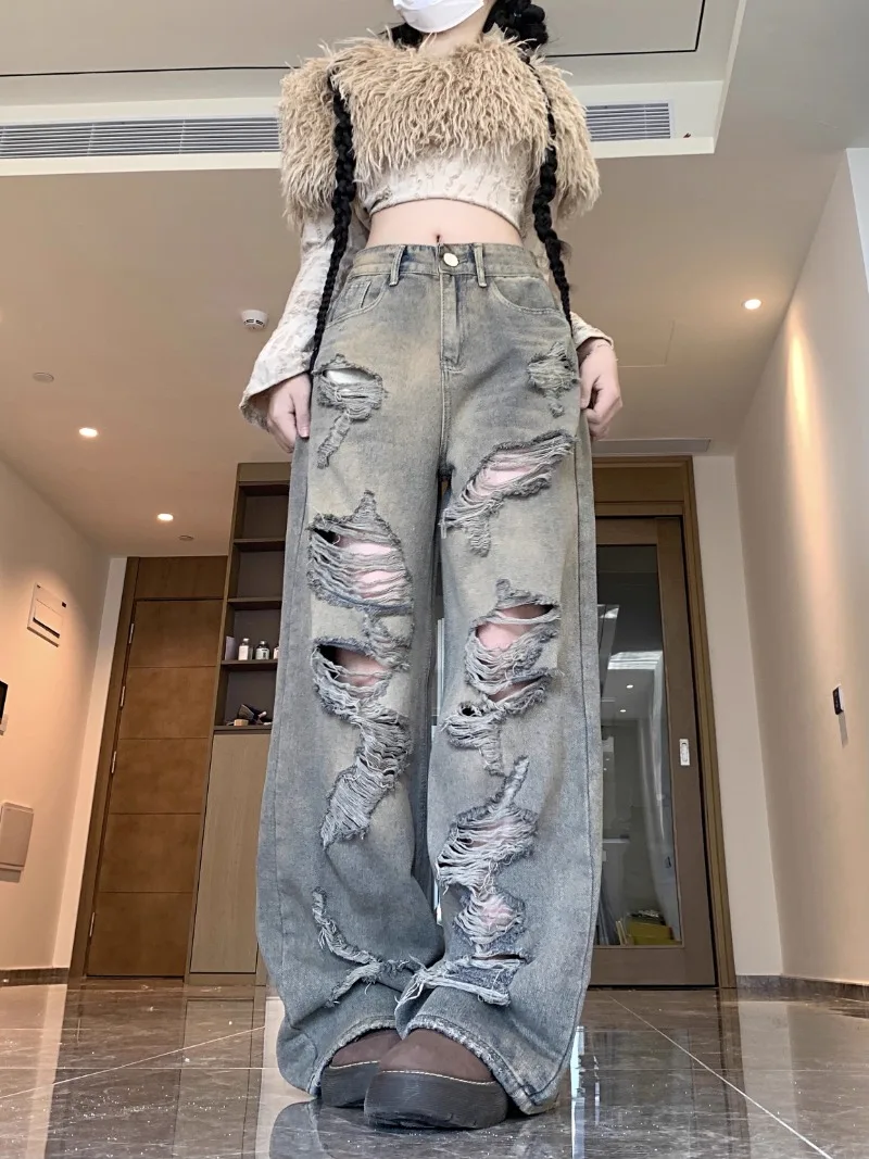 

American Fashion Hole Lrregular Casual High Street Long Denim Pants Y2k Aesthetic Harajuku Baggy Wide Leg Trousers Punk Bottoms