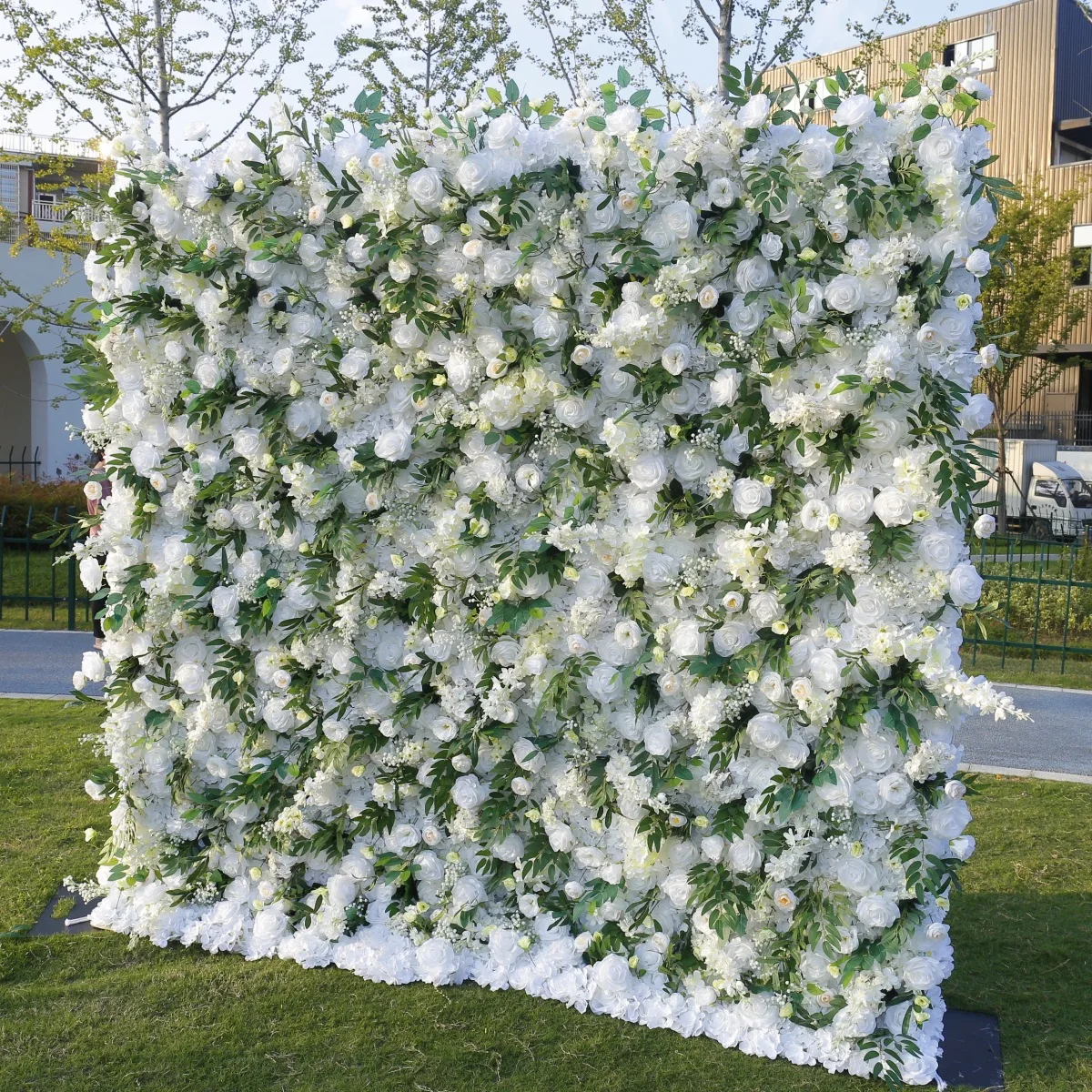 

5D White Cloth Bottom Simulation Flower Wall Background Wall, Wedding Decoration Props Outdoor Green Plant Wall 8 * 8FT