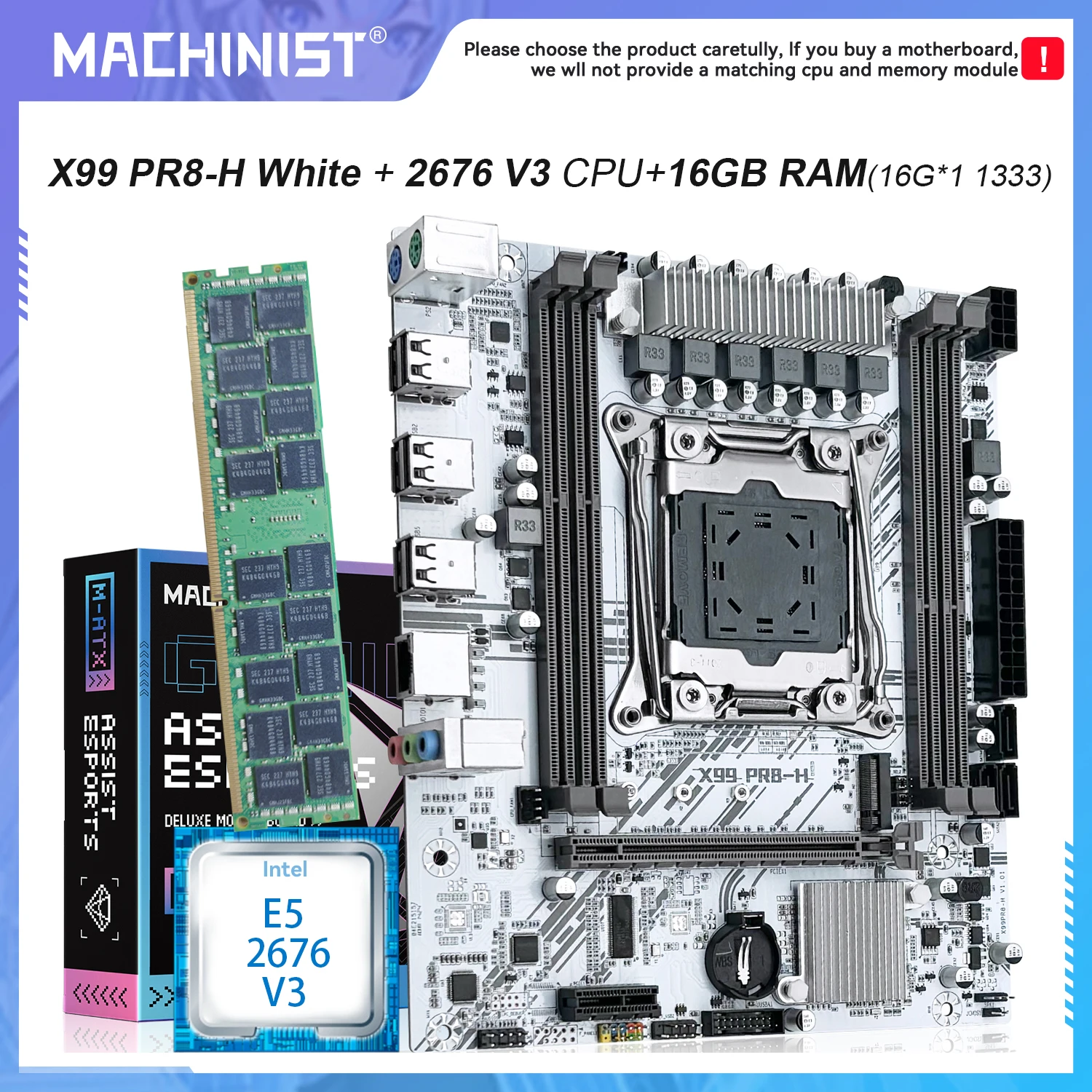 

MACHINIST PR8-H X99 Motherboard LGA2011-3 With Intel Xeon E5 2676 V3 CPU Dual-channel DDR3 16Gb 1333MHz RAM for Gaming Computer