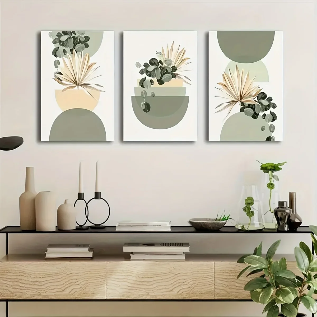 (No frame)3pcs of Bohemian Style Sage Green Art Medieval Modern Plant Wall Decoration Abstract Minimalist Paintings Home and