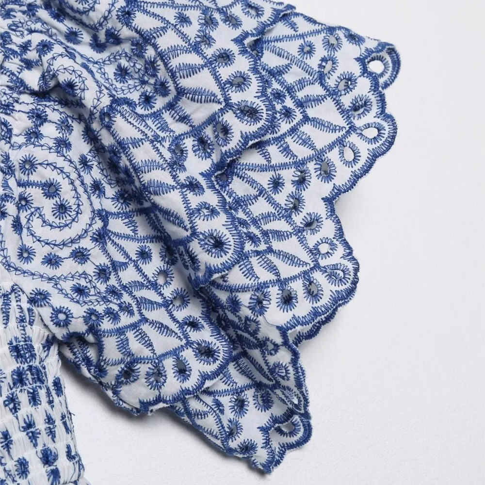 Abiti da festa midi con maniche svasate e volant da donna BOHO Abito estivo senza schienale con spacco scavato con ricamo floreale bianco blu estivo