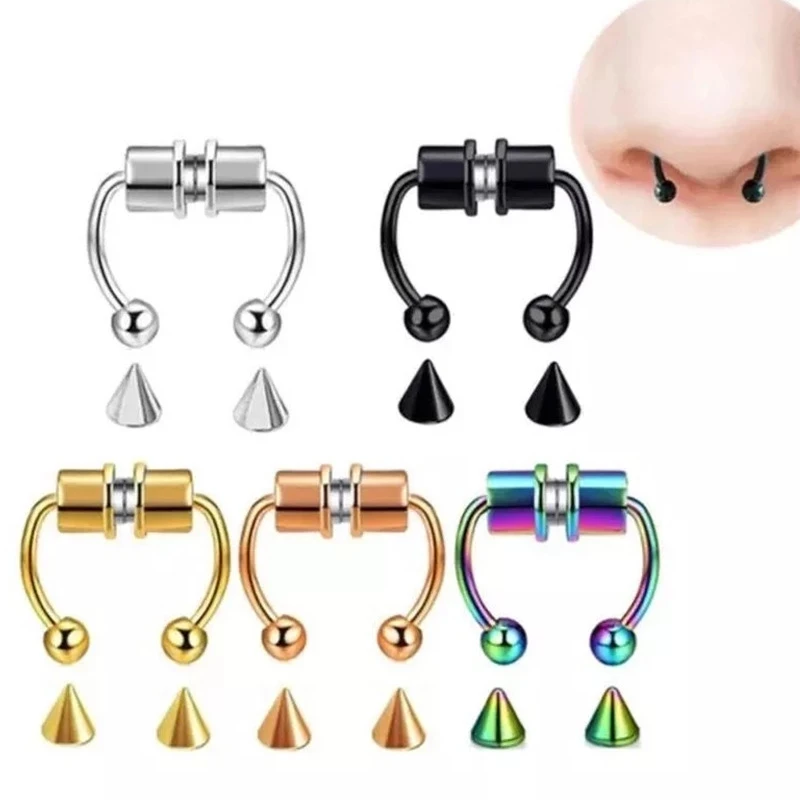 5 buah cincin Septum Magnet baja tahan karat, cincin tindik hidung palsu Magnet tahan karat untuk wanita, hadiah perhiasan tubuh batu Gotik mode