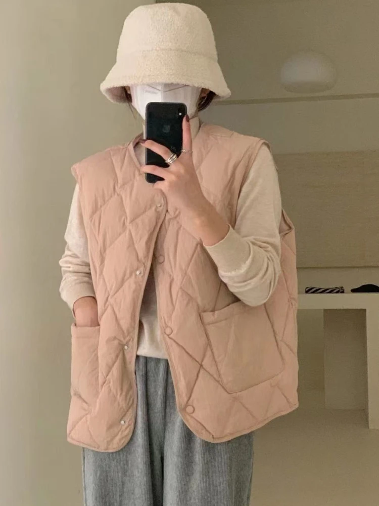 

Solid Vests Women Korean Style Fashion Ins Sweet Coats Casual Chic Loose Basic All-match Students Pockets Simple Vintage Popular