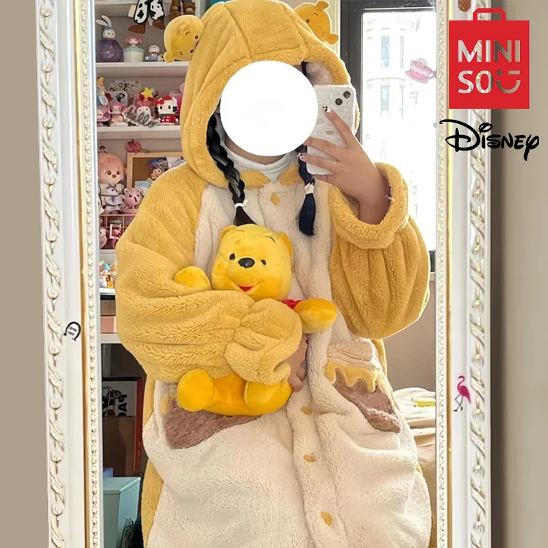 MINISO Disney Winnie Pooh Pyjama Cartoon Cute Soft Coral Velvet Nightgown Comfortable Women Thicken Plush Loungewear With Hat