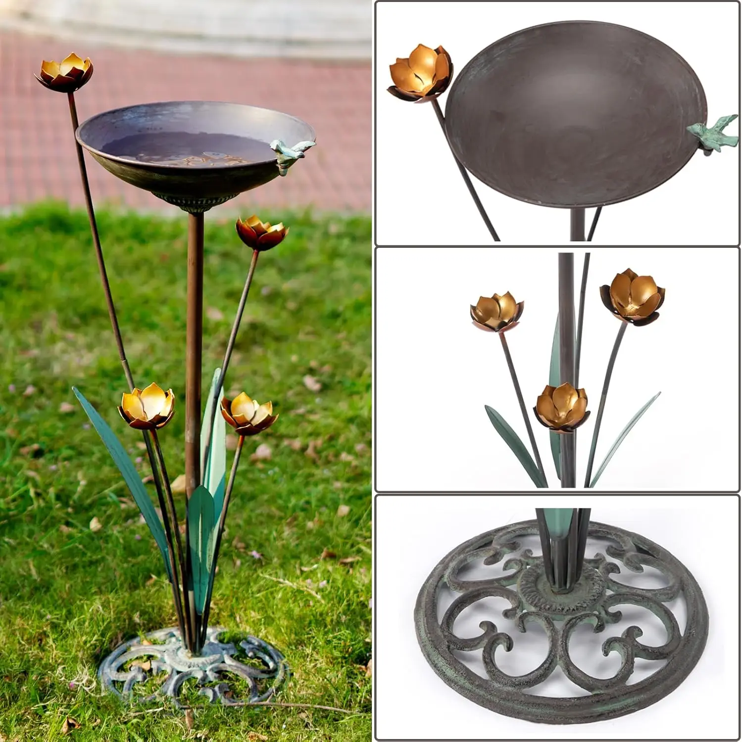 حمام الطيور بقاعدة من الحديد الزهر العتيق للحديقة، ديكورات للباحة الخارجية بتصميم عتيق