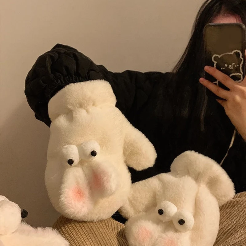 Cute Rabbit Fur Furry Mittens Plush Fingerless Gloves Windproof Hanging Neck Mittens For Girls