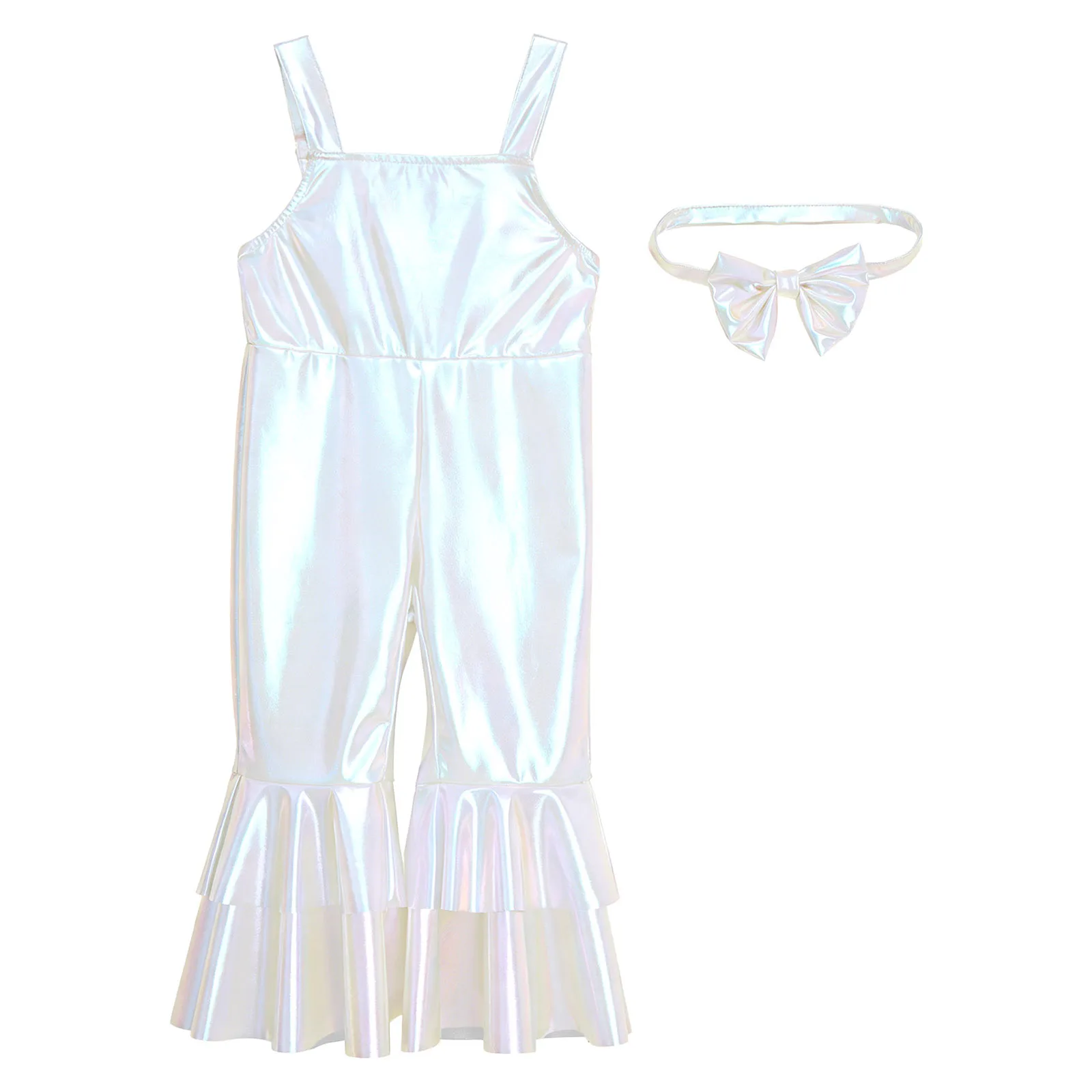 Baby Girls Metallic Bell Bottoms Romper Adjustable Straps Bow Overalls Jumpsuit with Headwear Birthday Party Photo Shoot Outfit