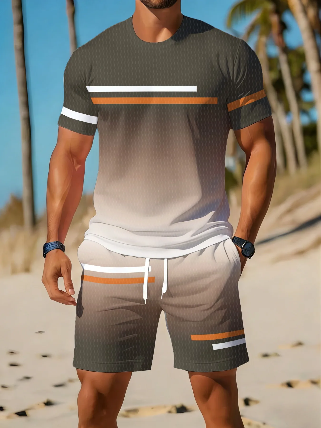 2026 Summer New Arrival Men's Crew-Neck Short-Sleeve Set 3D Gradient Print Design Quick-Dry and Breathable Men's Sports Set