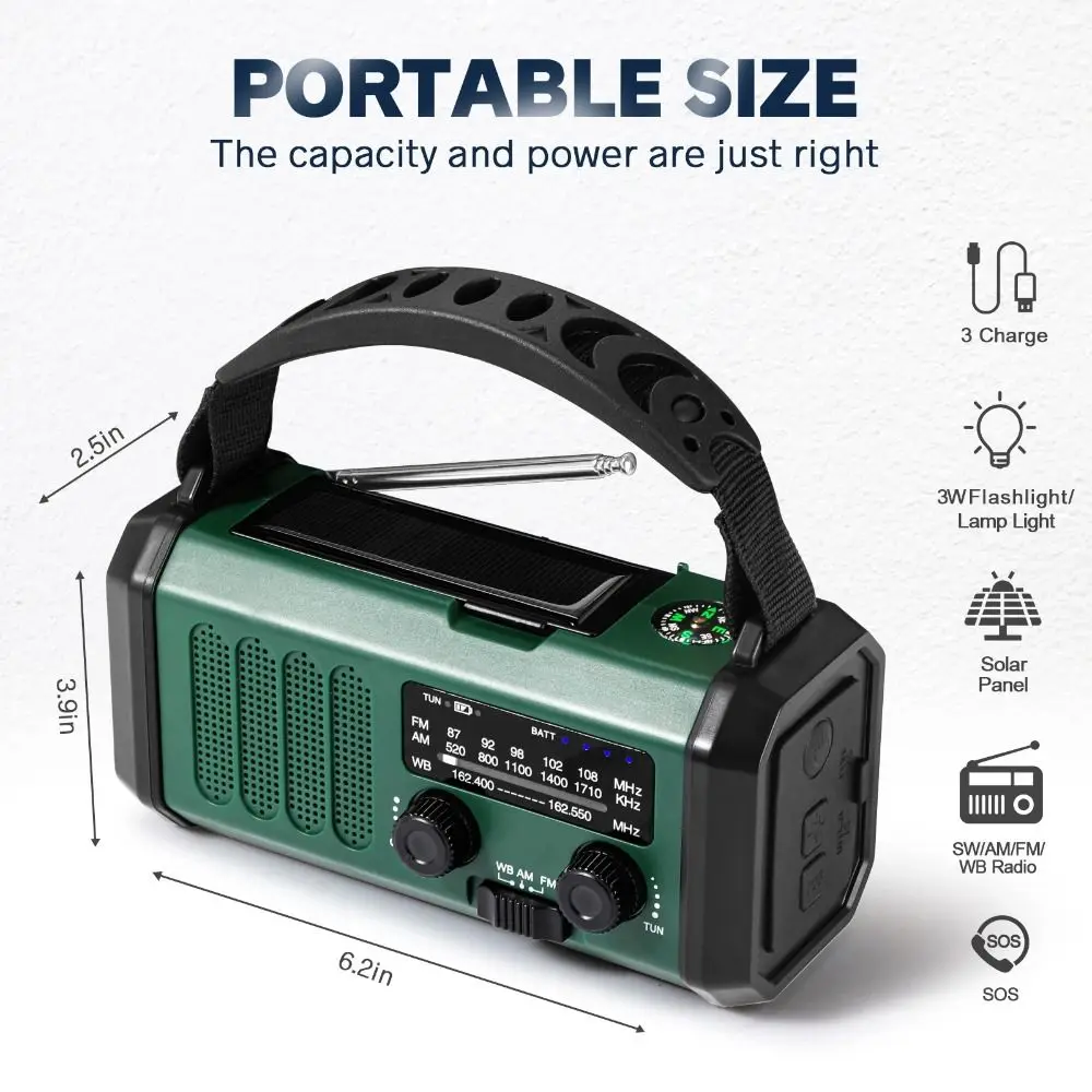 Hand Crank Emergency Radio Reading Lamps MultiFunctional AM/FM/NOAA Weather Radio Portable with Compass and Wrist Strap