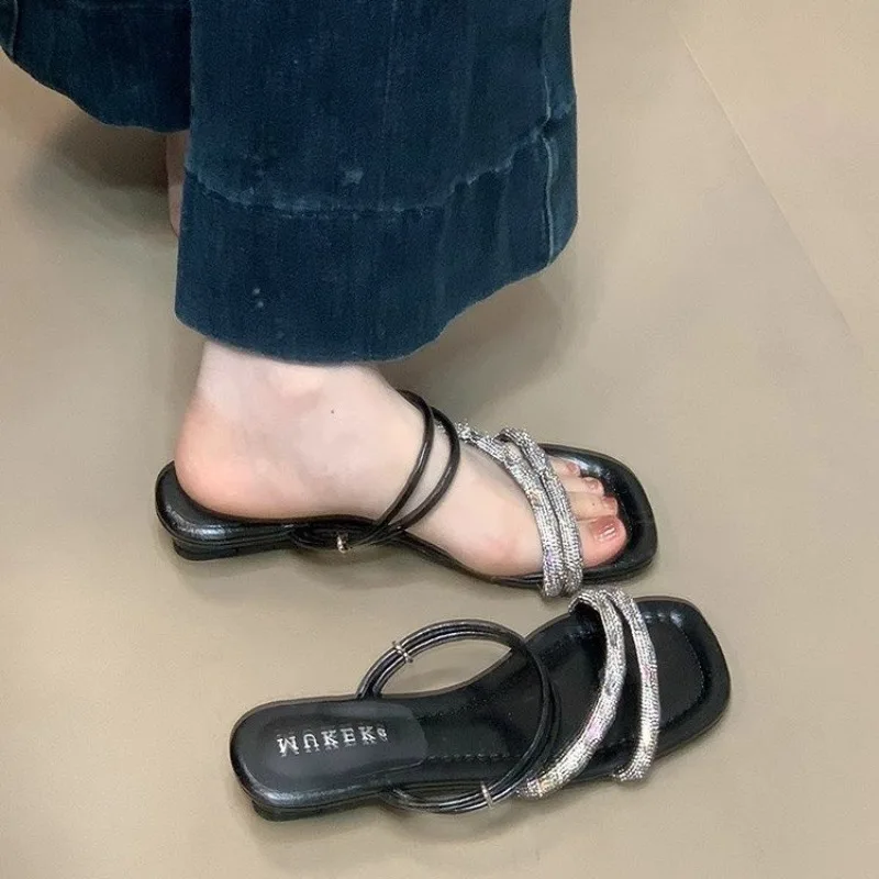 Understated Glamour Sandals: Thin Strap Design W/ Square Toe & Micro-Crystal Embellishments, Comfort Arch Support System