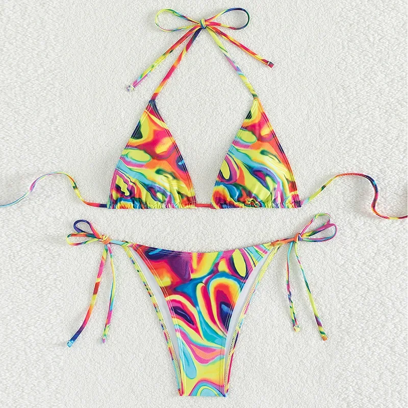 Strój kąpielowy z nadrukiem Rainbow Tie Dye dla kobiet, 2024 Nowe dwuczęściowe bikini z niską talią, seksowny strój kąpielowy z trójkątnymi miseczkami bez ramiączek