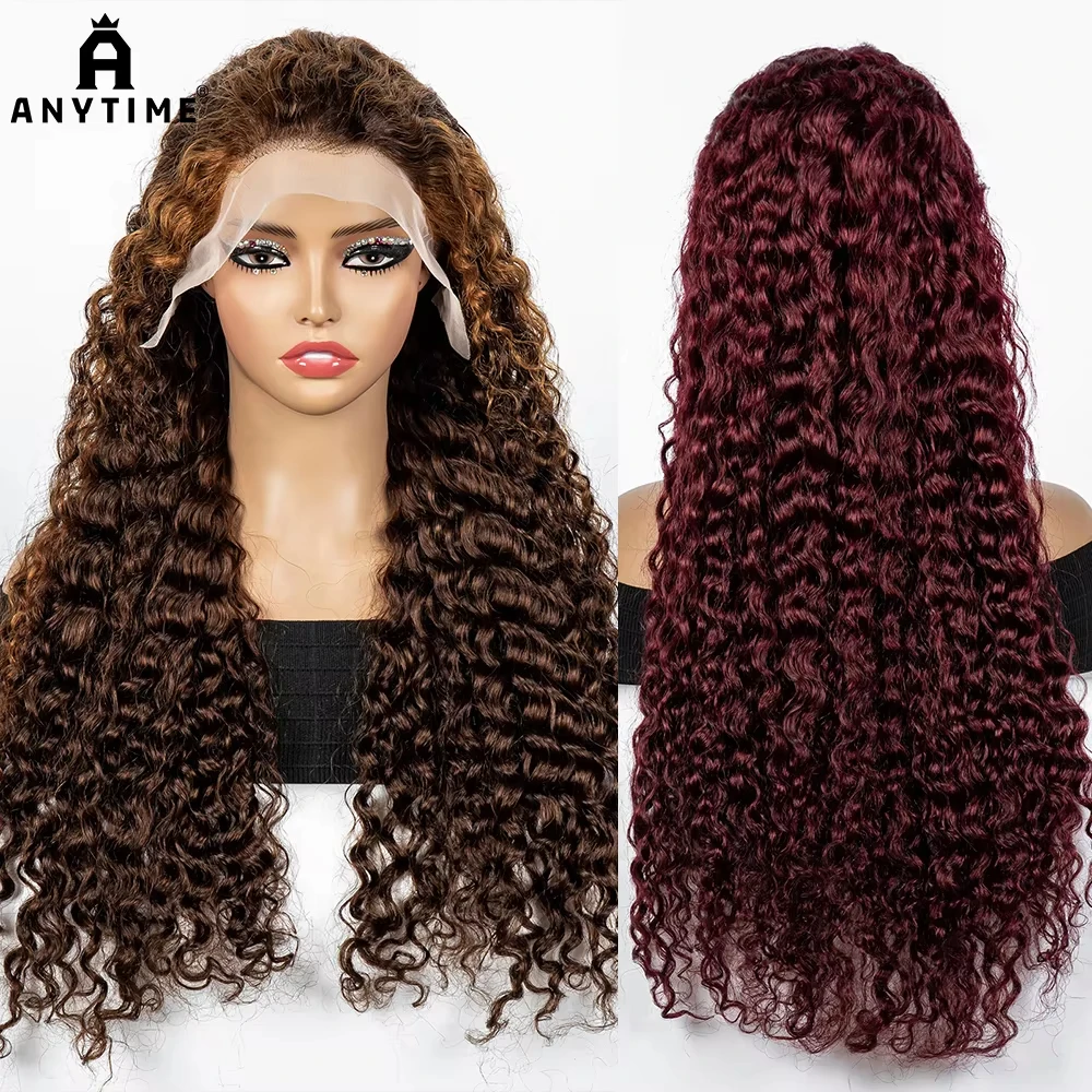 300% Density Ombre 30 Inches Water Wave Wavy Curly Human Hair Wigs 13x4 Transparent Lace Frontal Human Hair Wig for Women