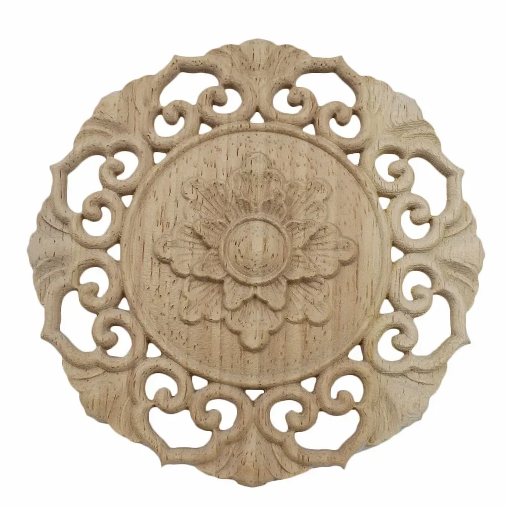 5PCS 12cm Round Flower Carving Wood Appliques Furniture Wooden Mouldings Vintage Unpainted Accessories Decoration Figurines