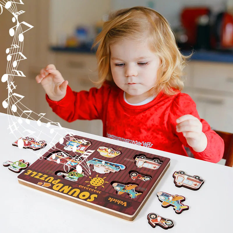 Jogo de quebra-cabeça de som de madeira para crianças montessori brinquedos educativos mão agarrar veículo animal instrumento musical cognar peg board