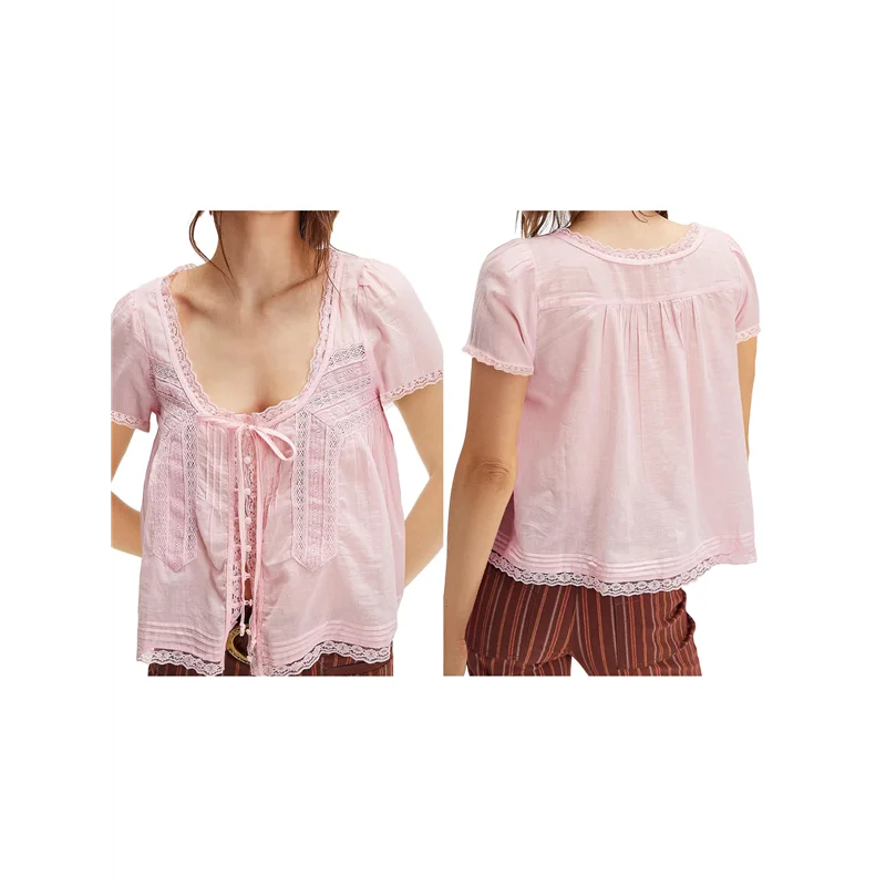 

FX-Женский топ с завязками спереди и кружевной отделкой, прозрачная рубашка с короткими рукавами и круглым вырезом на пуговицах, Y2k, струящиеся укороченные топы в стиле бохо с рюшами