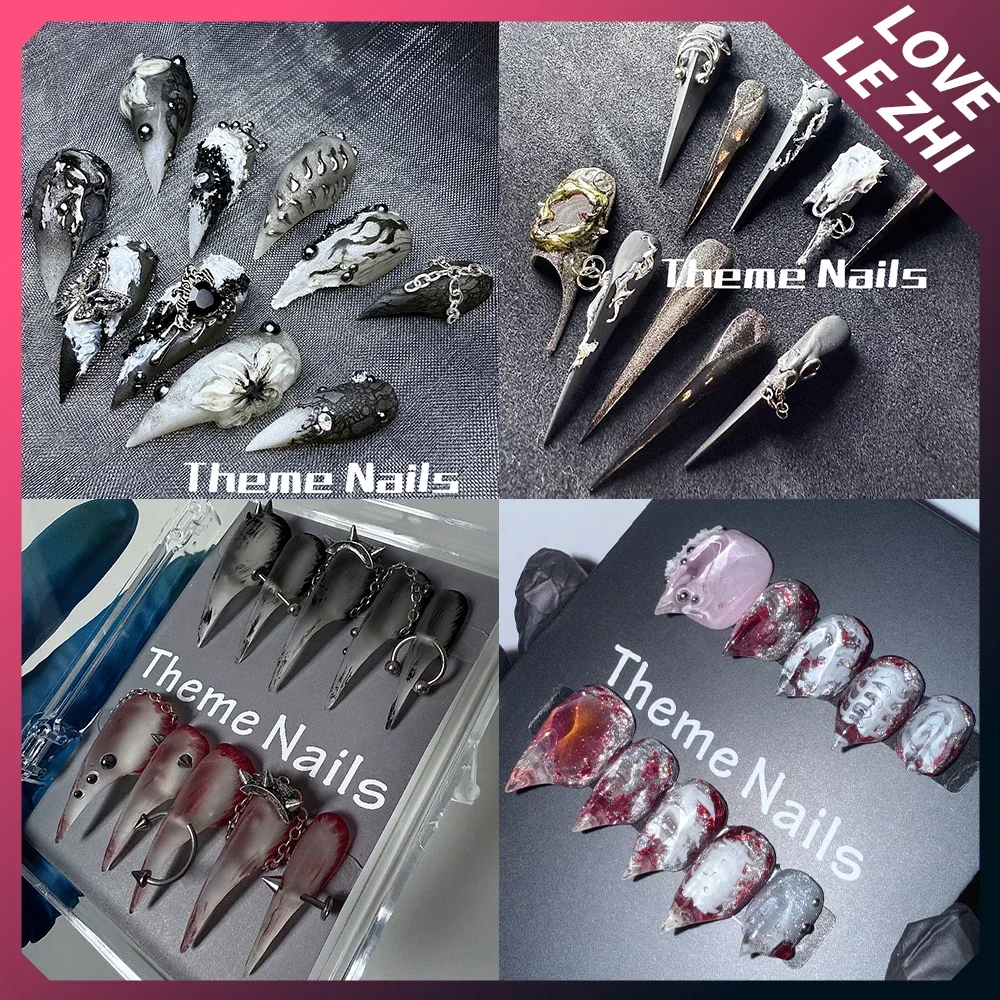 

Y2K Spice Girl Punk Dragon Shape Claw Wearable Press On Nails Metal Butterfly Rivet Chain Cat Eyes Flower Bow Full Cover Nails