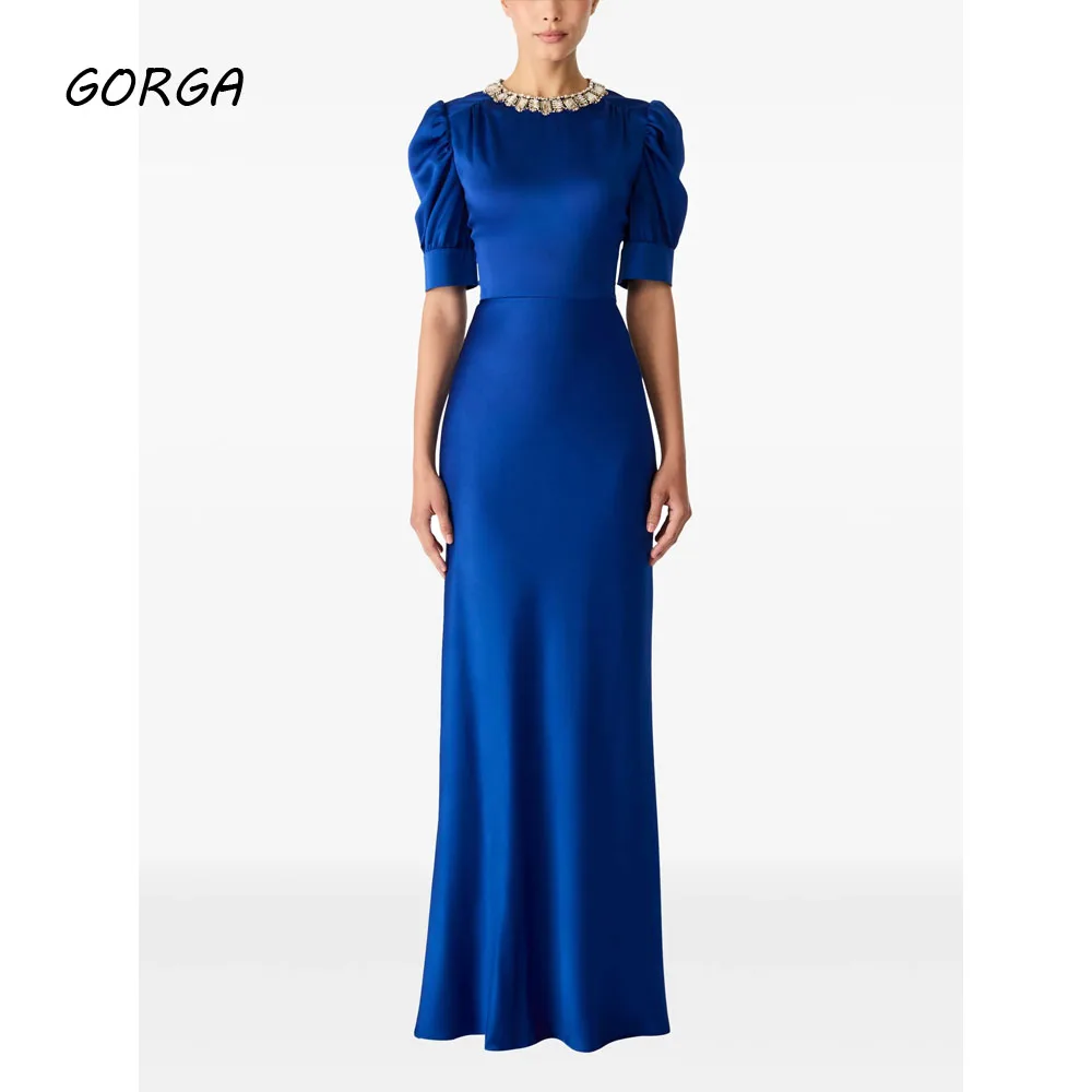 

GORGA Customized Blue Beading O-Neck Satin Formal Evening Dress Slim Mermaid Prom Dress 2025 Short Sleeves Party Dress