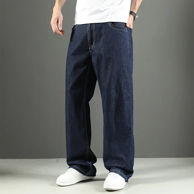 Plus Size 44 46 48 Summer Thin Jeans Men's Baggy Wide-leg Pants 100% Cotton Comfortable Classic Straight Casual Denim Trousers