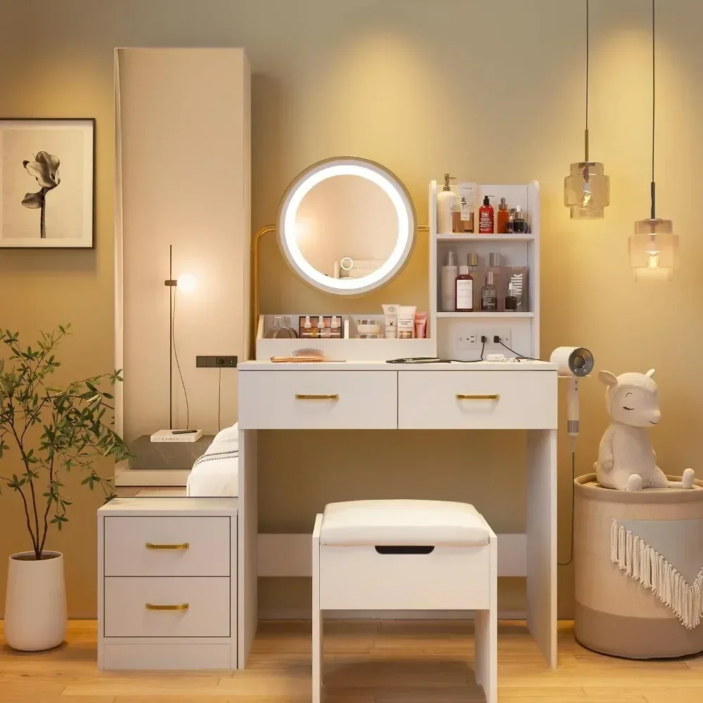 

4Drawers and Lots Storage Shelves Vanity Desk with Mirror and Lights Full Length Mirror,Lights Desk and Chair & Charging Station