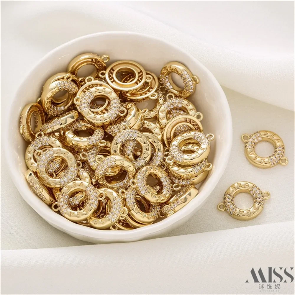 

14K Gold Bag Color-preserving Zircon Round Lettering Mother Double Pendant Hanging Ring DIY Accessories Bracelet Necklace